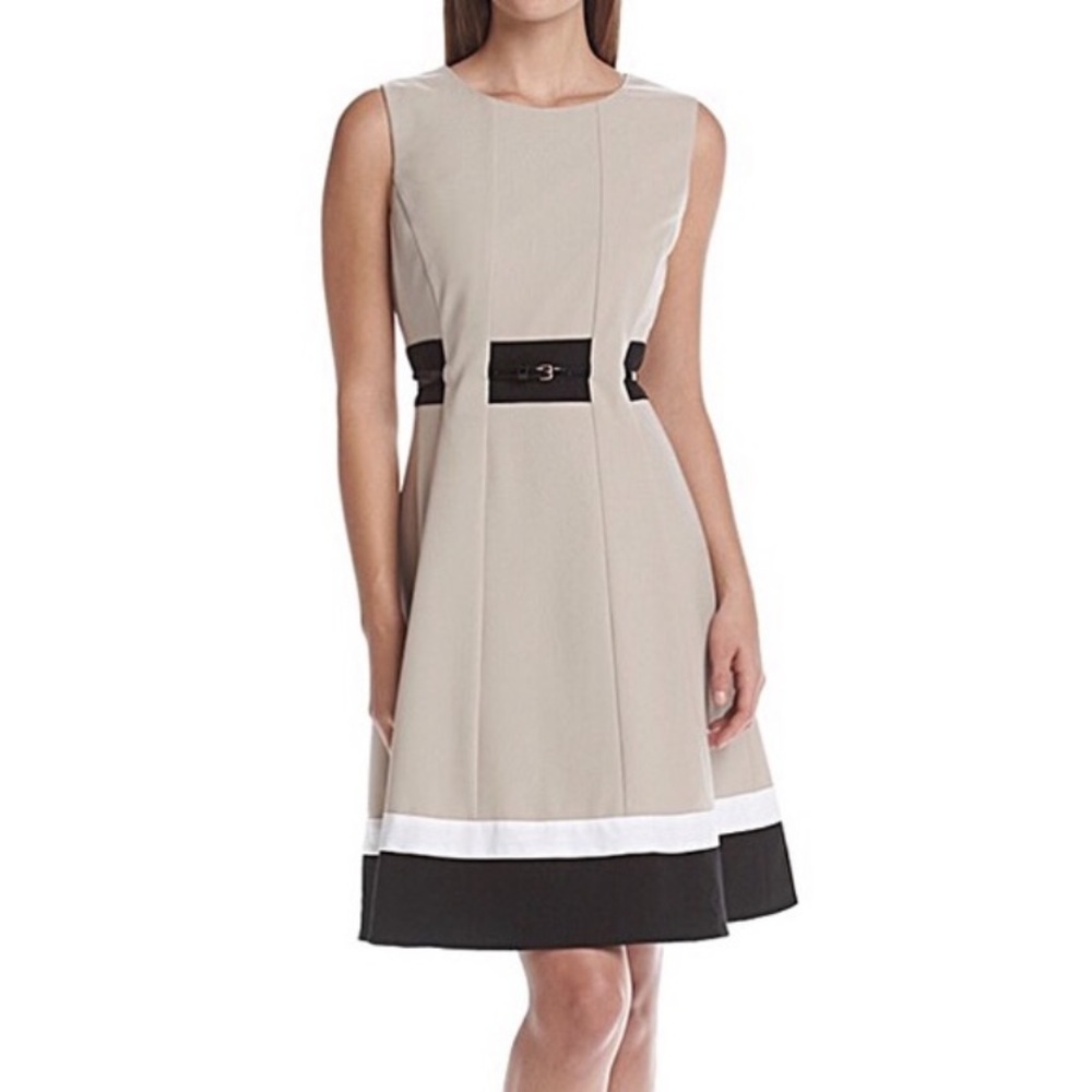 Calvin Klein Beige, Black & White Sleeveless Midi Dress